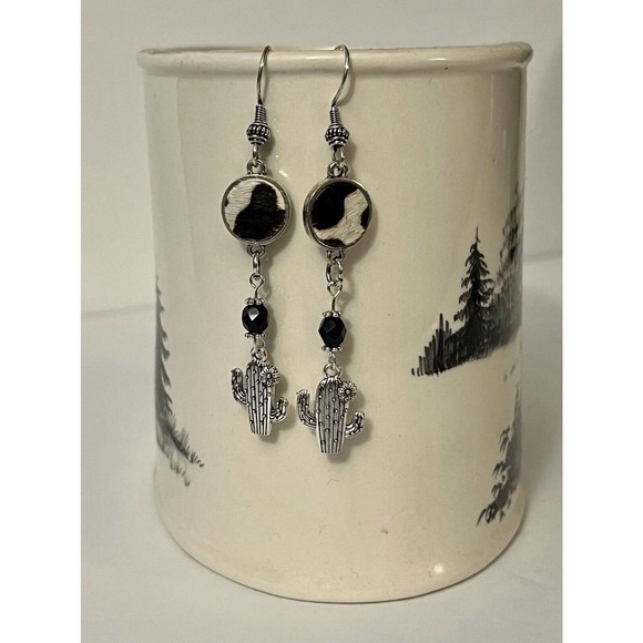 Cactus Jewelry - Silver Tone Black Tan Cow Hide Black Glass‎ Cactus Dangle Earrings Handmade NEW